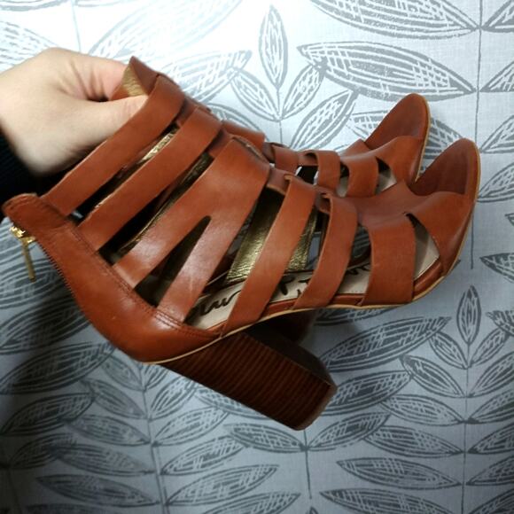 Sam Edelman Yazmine Caged Booties Brown Leather Heel Peeptoe Gladiator - Picture 1 of 7